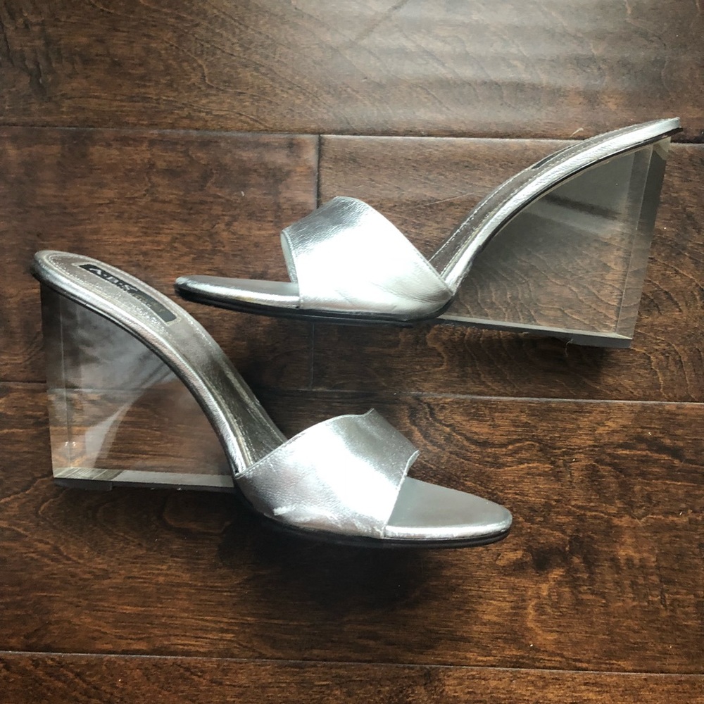 Silver leather acrylic wedges